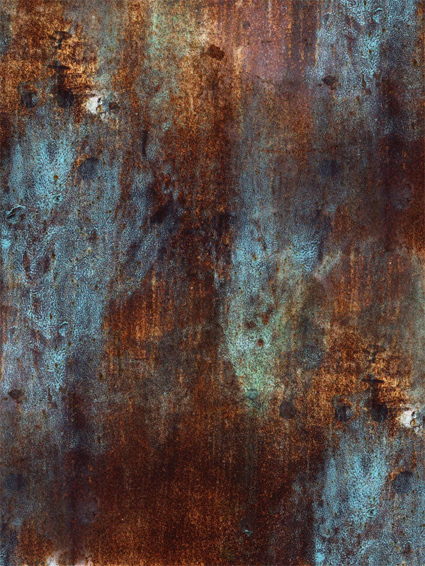 Rustic Oxidized Metal Photography Backdrop - Oxidized metal photography backdrop with rust tones, blue and green patches for industrial, grunge-themed photoshoots.