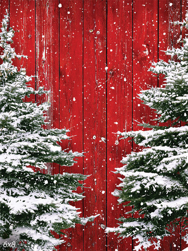 Rustic Red Barn Snowy Pine Photography Backdrop - Photography backdrop featuring a rustic red barn with snow-covered pine trees, perfect for winter and holiday-themed photoshoots.