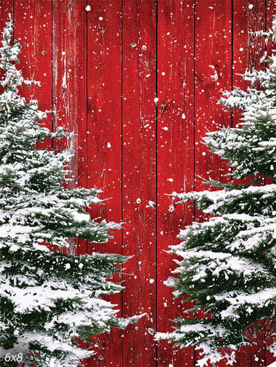 Rustic Red Barn Snowy Pine Photography Backdrop - Photography backdrop featuring a rustic red barn with snow-covered pine trees, perfect for winter and holiday-themed photoshoots.