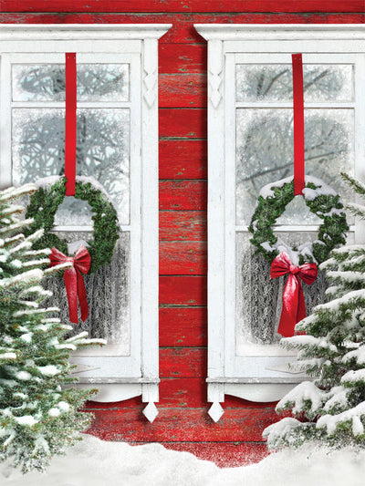 Rustic Red Barn Windows with Snow-Covered Wreaths Photography Backdrop - Rustic red barn photography backdrop with snow-covered wreaths and snowy pine trees for holiday photoshoots.