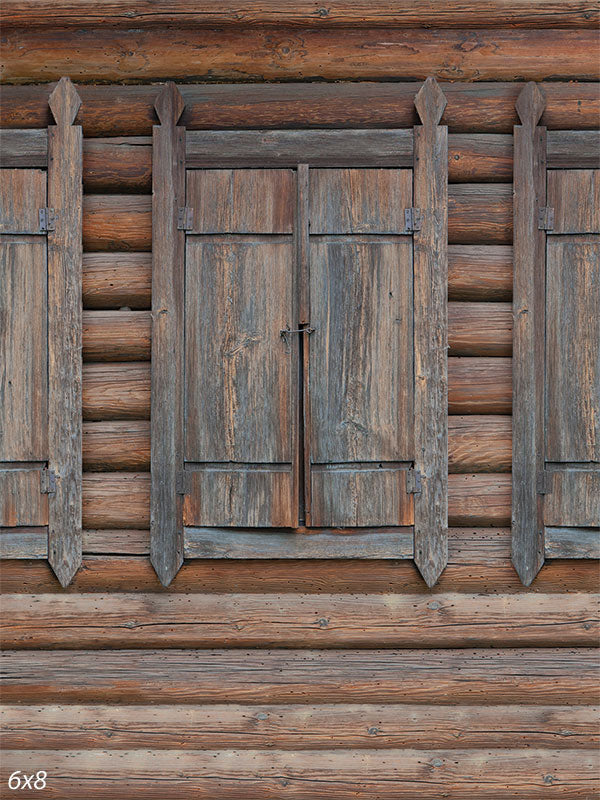 Rustic Shutter Log Cabin Photography Backdrop - Rustic shutter log cabin photography backdrop featuring aged wooden shutters and log walls, perfect for rustic-themed photoshoots.