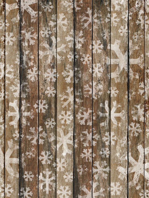 Rustic Snowflake Wood Photography Backdrop - Rustic wood plank photography backdrop with faded snowflakes, perfect for winter and holiday-themed photoshoots.