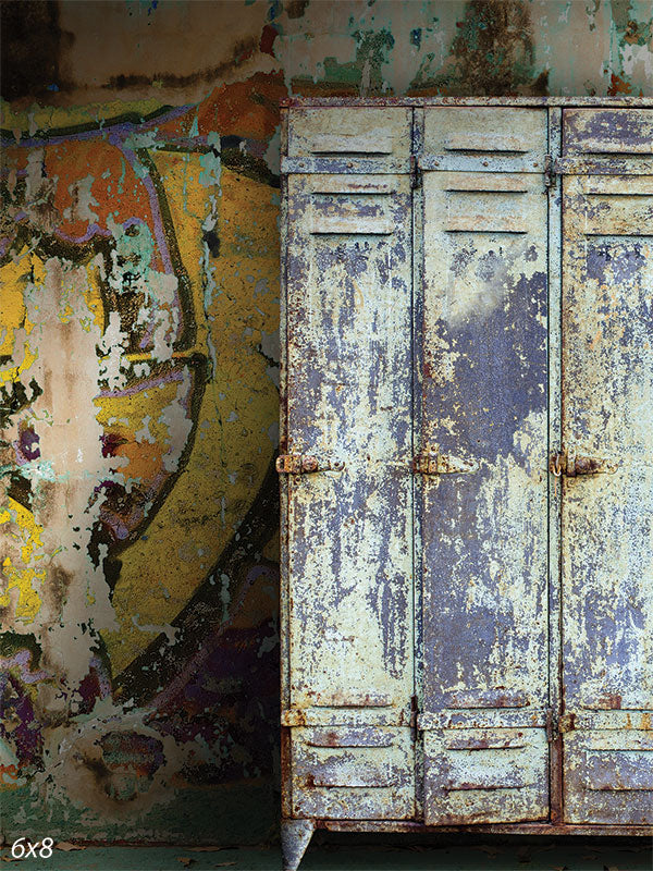 Rustic Urban Locker Photography Backdrop - Rusted metal locker and graffiti backdrop for urban and industrial-themed photography.