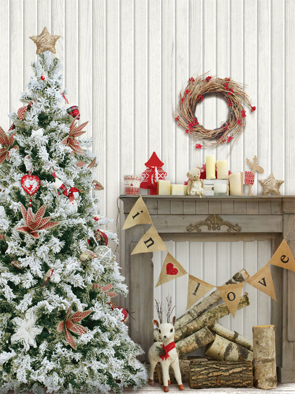 Rustic White Christmas Tree and Fireplace Photography Backdrop - Rustic white Christmas tree with burlap bows and a fireplace backdrop, perfect for holiday-themed photoshoots.