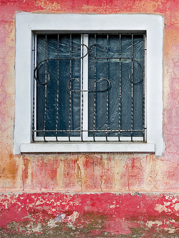 Rustic Window and Red Wall Photography Backdrop - Vintage window with iron bars set against a distressed red and orange wall, ideal for adding a rustic, urban aesthetic to photography.