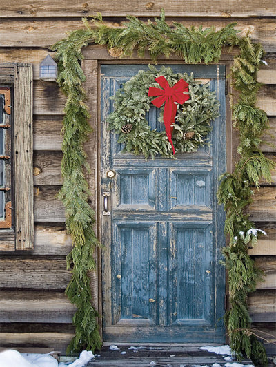 Rustic Winter Door with Evergreen Wreath Photography Backdrop - Festive winter door backdrop with evergreen wreath and garland, ideal for professional photography.