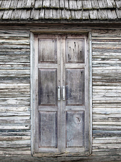 Rustic Wood Door with Weathered Wall Photography Backdrop - Photography backdrop featuring a rustic wooden door set against a weathered wooden wall, ideal for vintage-themed photoshoots.