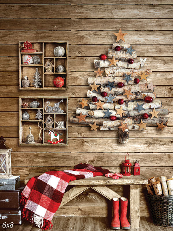 Rustic Wooden Christmas Decor Photography Backdrop - A rustic holiday scene featuring a birch log Christmas tree with stars and ornaments against a wooden wall, perfect for holiday-themed photography.