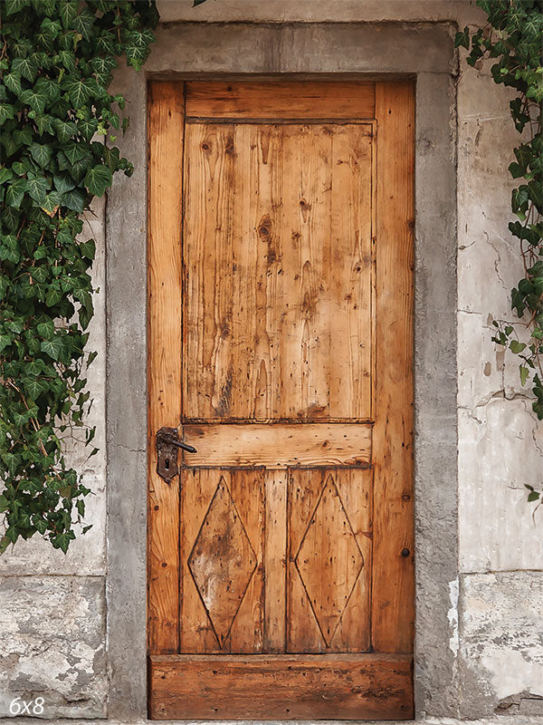 Rustic Wooden Door Photography Backdrop - Rustic wooden door with weathered wood, stone framing, and ivy backdrop for photography.