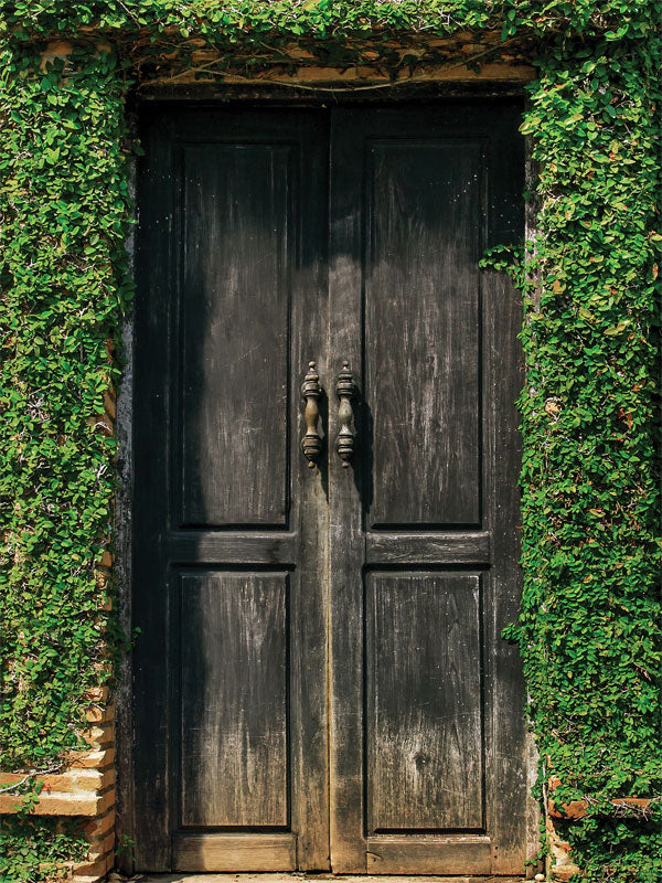 Rustic Wooden Door with Ivy Photography Backdrop - Rustic wooden door surrounded by ivy, perfect for outdoor and nature-themed photography backdrops.