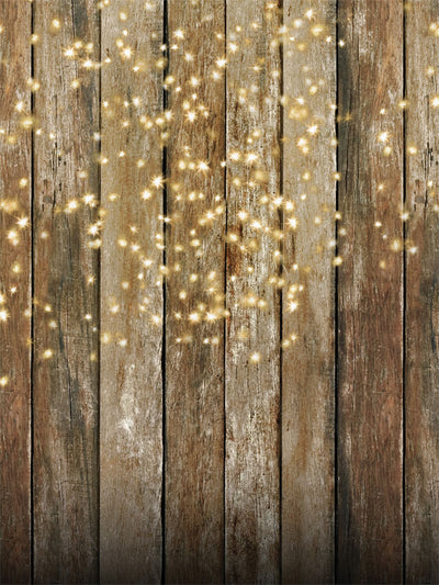 Rustic Wooden Planks with Golden Sparkles Photography Backdrop - Rustic wooden plank photography backdrop with glowing golden sparkles, ideal for photoshoots with a cozy, festive feel.