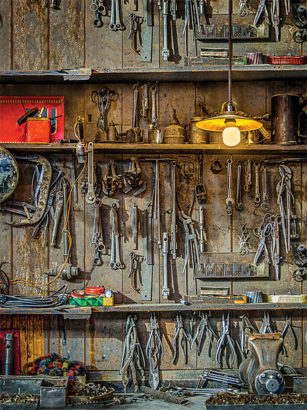 Rustic Workshop Tool Wall Backdrop - Rustic workshop tool wall photography backdrop with a vintage industrial feel.