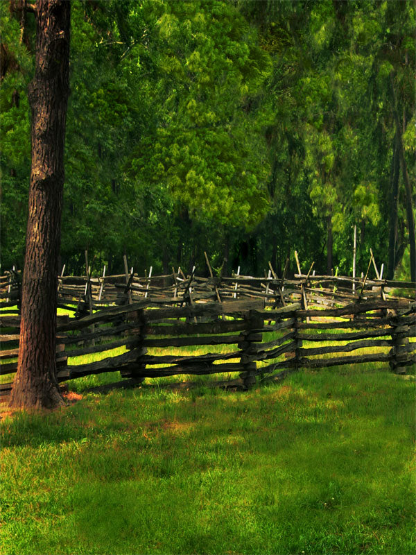A scenic rural photography backdrop with a split-rail wooden fence surrounded by tall green trees and grassy terrain.