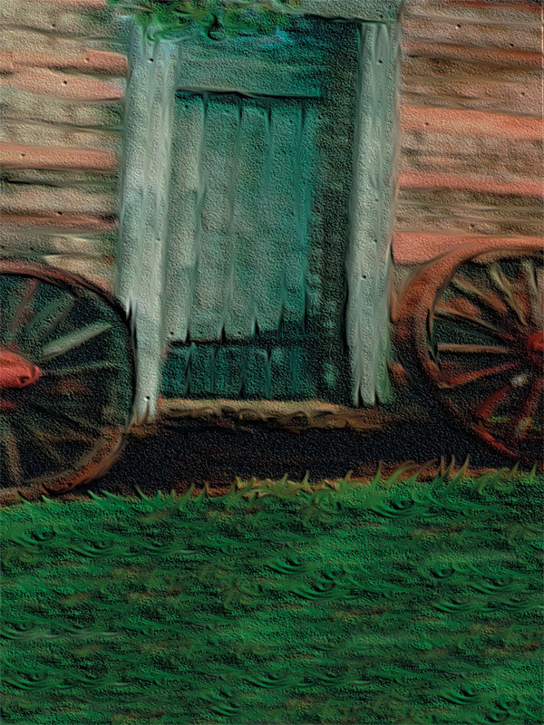 A vintage photography backdrop featuring an aged wooden door with antique wagon wheels.