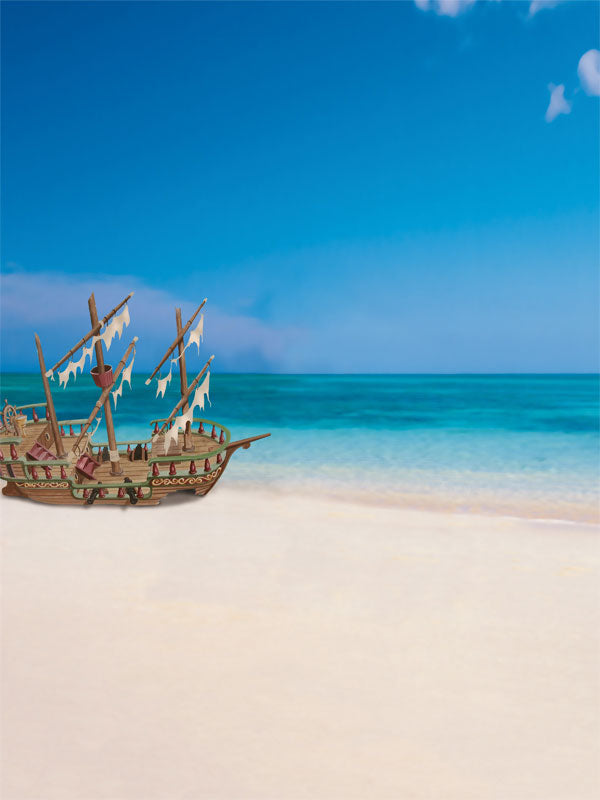 A whimsical pirate ship rests on a bright sandy beach with vivid turquoise ocean waves in the background.