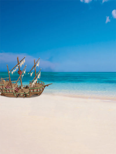 A whimsical pirate ship rests on a bright sandy beach with vivid turquoise ocean waves in the background.