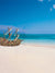A whimsical pirate ship rests on a bright sandy beach with vivid turquoise ocean waves in the background.