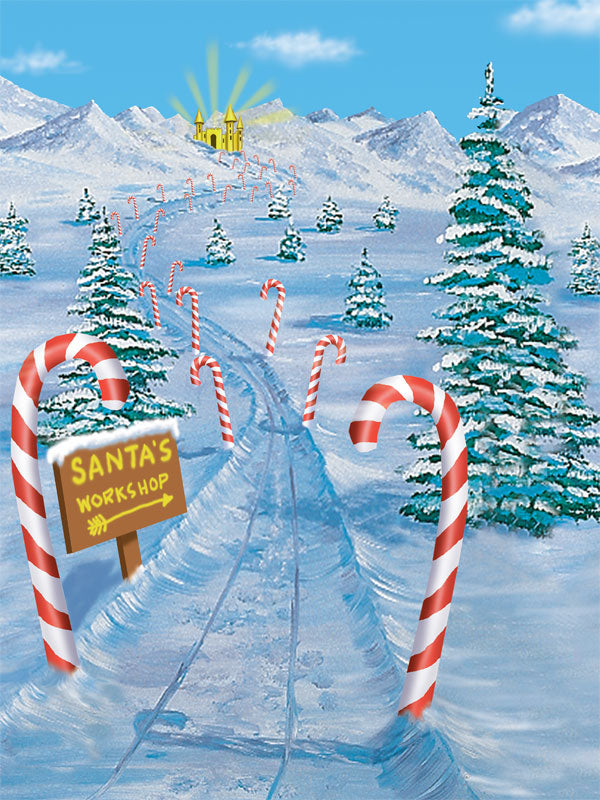 Festive Santa Claus Lane photography backdrop featuring a snowy path, candy canes, and a magical winter wonderland for holiday portraits.