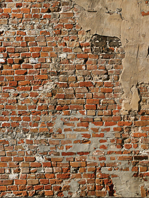 Photography backdrop showcasing a rustic brick wall partially covered with cracked and peeling plaster. Perfect for vintage and industrial themes.