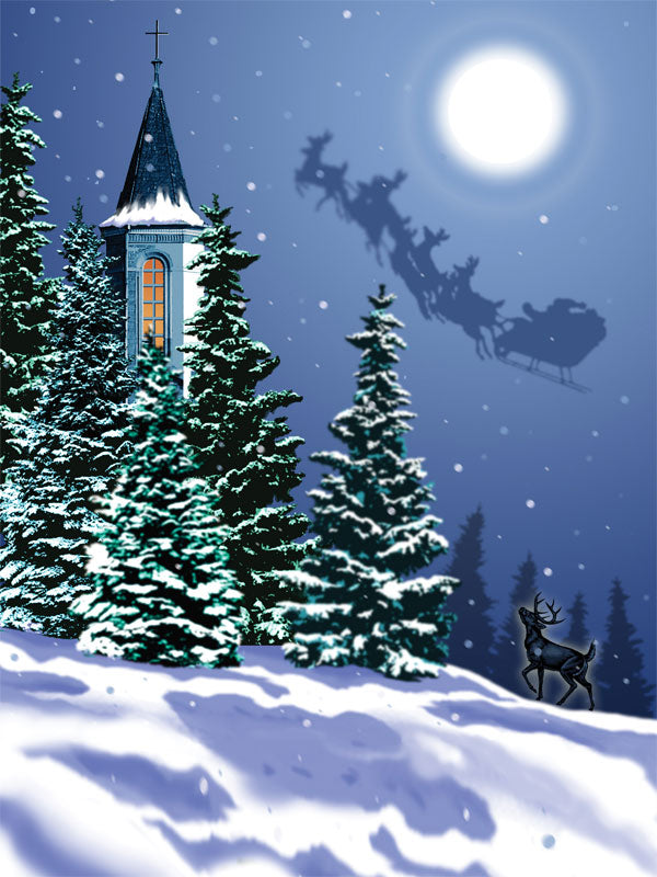 Magical winter night with chapel, pine trees, falling snow, and Santa flying across the moonlit sky.