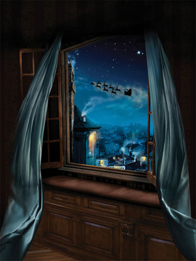 Santa's Midnight Flight Photography Backdrop - Christmas photography backdrop featuring a cozy room window overlooking a nighttime town with Santa and his reindeer flying across the sky.