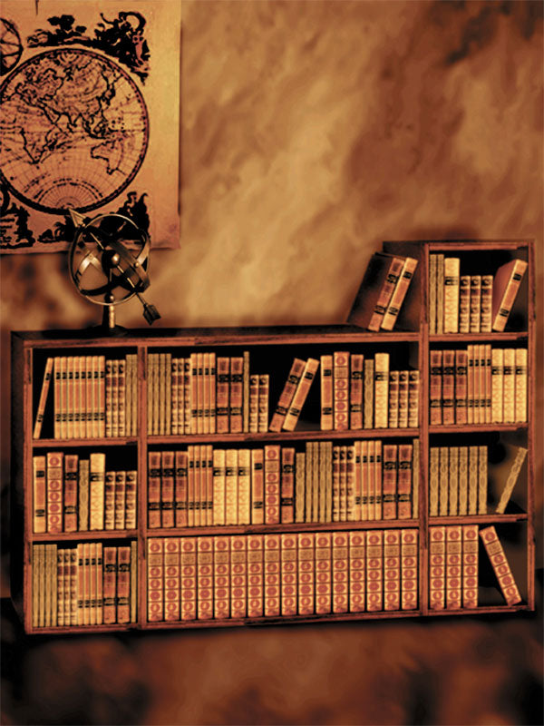 Scholar library photography backdrop with antique books, a vintage map, and warm sepia tones for intellectual portraits.