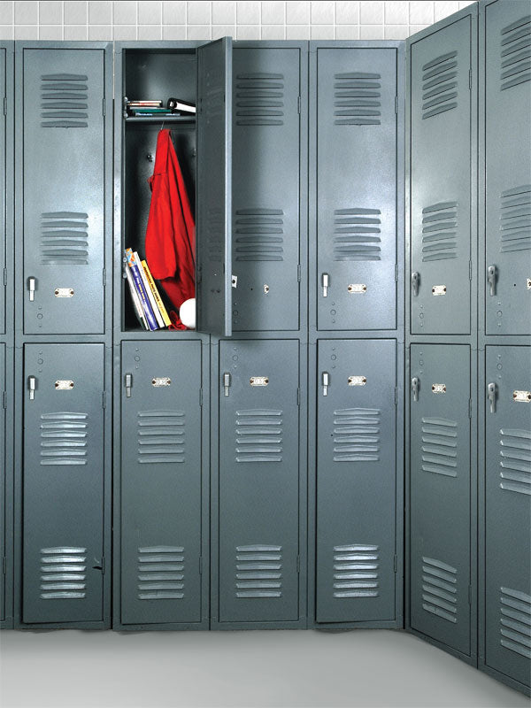 A realistic photography backdrop featuring metal school lockers, one open with books and a jacket, perfect for back-to-school and student portrait sessions.