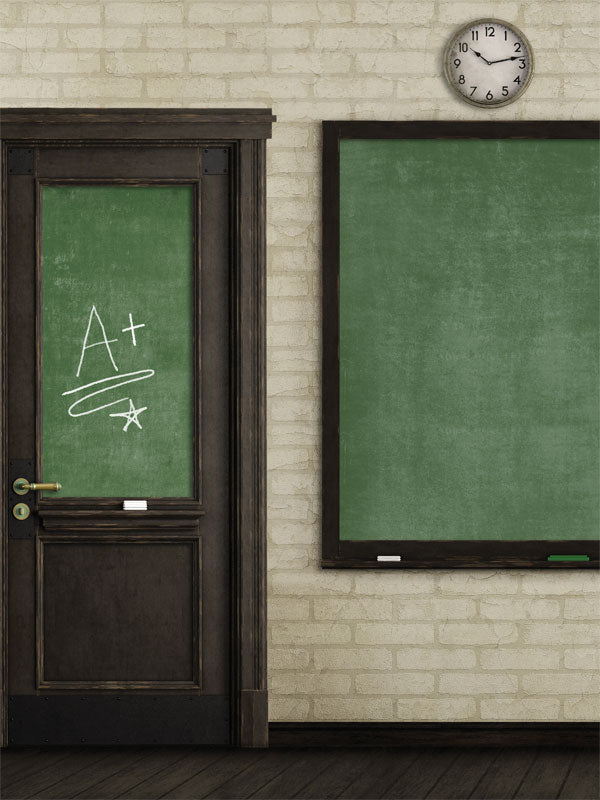 Schoolroom Chalkboard Photography Backdrop - Photography backdrop featuring a schoolroom setup with green chalkboards, a wooden-framed door, and a beige brick wall.