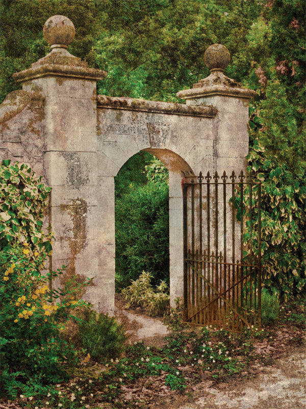 Secret Garden Gate Photography Backdrop - Secret garden gate photography backdrop featuring a stone archway, iron gate, and lush greenery, ideal for whimsical photoshoots.