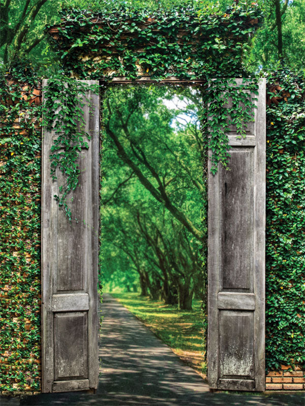 Secret Garden Path Photography Backdrop - Photography backdrop featuring a secret garden path with a weathered wooden doorway and lush greenery, perfect for kids' and family photoshoots.