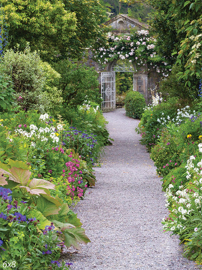 Secret Garden Path Photography Backdrop - Secret garden path photography backdrop with lush greenery, vibrant flowers, and a charming wrought-iron gate.