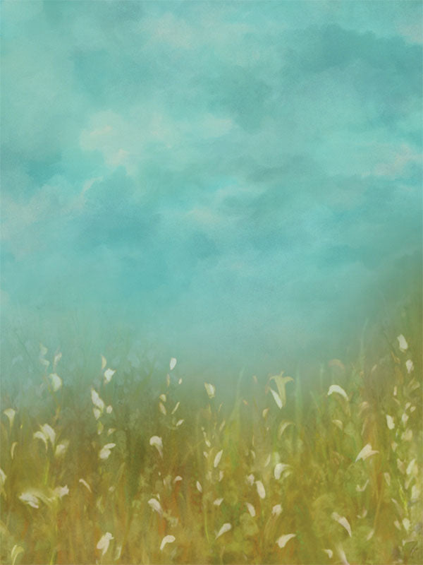 Serene Meadow with Blue Sky Photography Backdrop - Peaceful meadow photography backdrop with a soft blue sky and wildflowers, ideal for nature-inspired photoshoots.