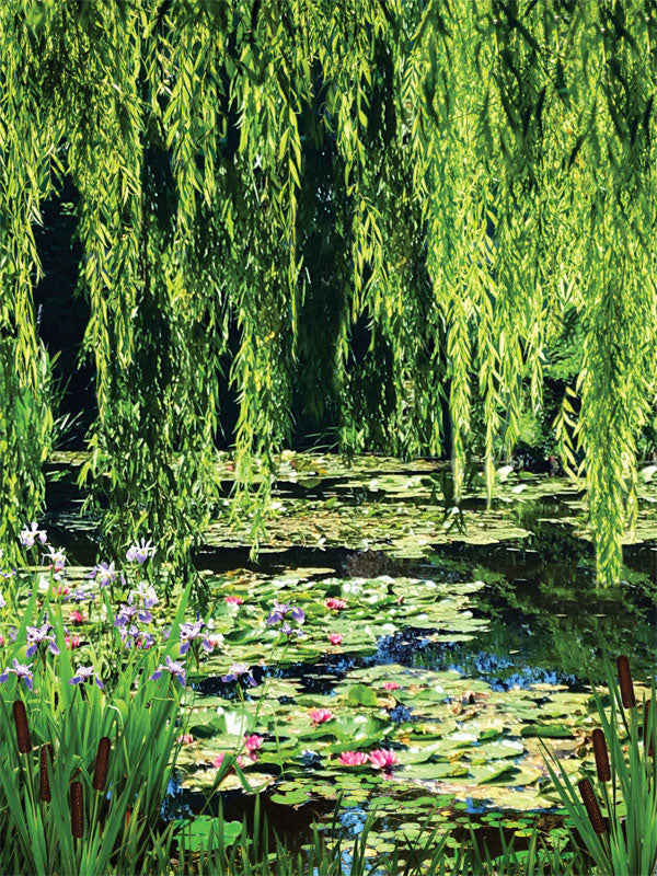 Serene Willow Pond Photography Backdrop - Photography backdrop of a serene pond with lily pads, blooming water lilies, and cascading willow branches.