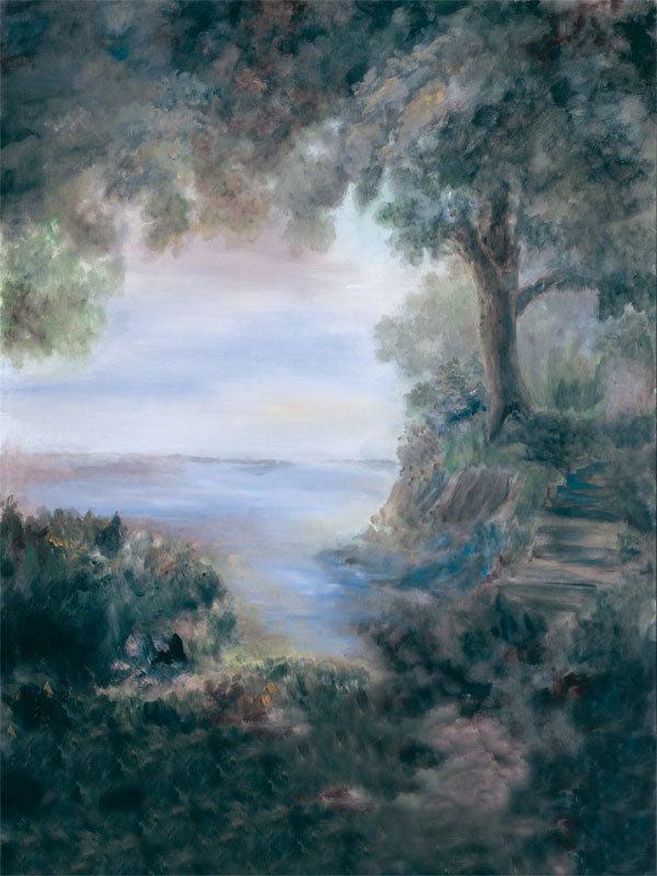 A tranquil photography backdrop featuring a misty lakeside view, lush greenery, and a softly lit forest path.