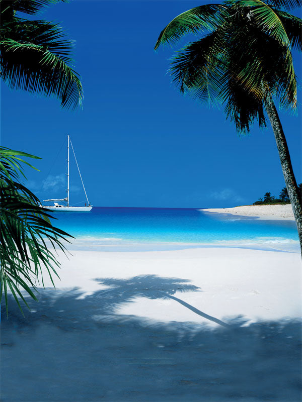 A tropical photography backdrop showcasing soft white sand, palm tree shadows, a tranquil blue ocean, and a sailboat under a clear sky.