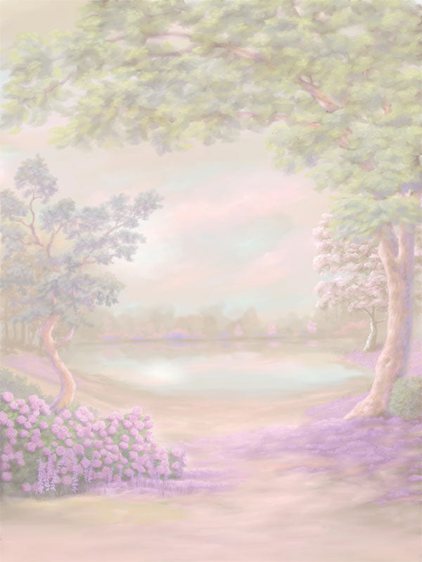 Pastel garden backdrop with lavender floral accents and watercolor landscape tones—ideal for tea party-themed portraits, child photography, and spring sessions.