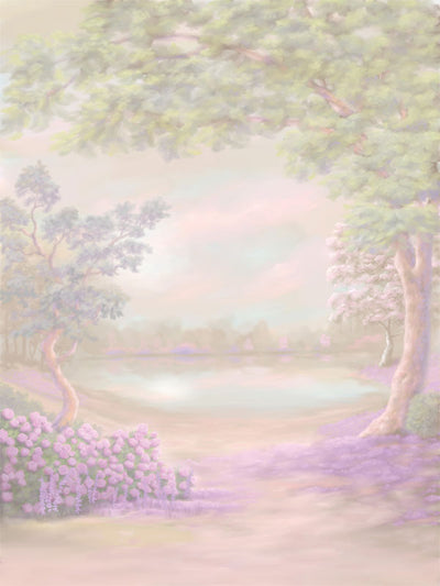 Pastel garden backdrop with lavender floral accents and watercolor landscape tones—ideal for tea party-themed portraits, child photography, and spring sessions.