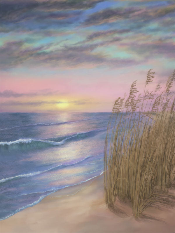 Serene beach scene with pink and yellow sunset, calm waves, and tall sea oats in the foreground.