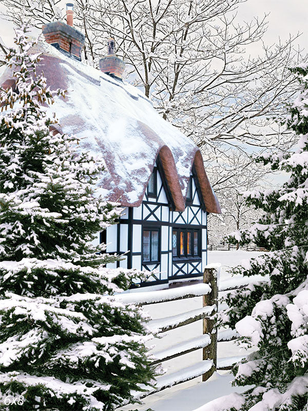 Snowy Cottage Wonderland Photography Backdrop - Photography backdrop featuring a snow-covered cottage surrounded by fir trees and a rustic wooden fence, perfect for winter-themed photoshoots.