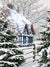 Snowy Cottage Wonderland Photography Backdrop - Photography backdrop featuring a snow-covered cottage surrounded by fir trees and a rustic wooden fence, perfect for winter-themed photoshoots.