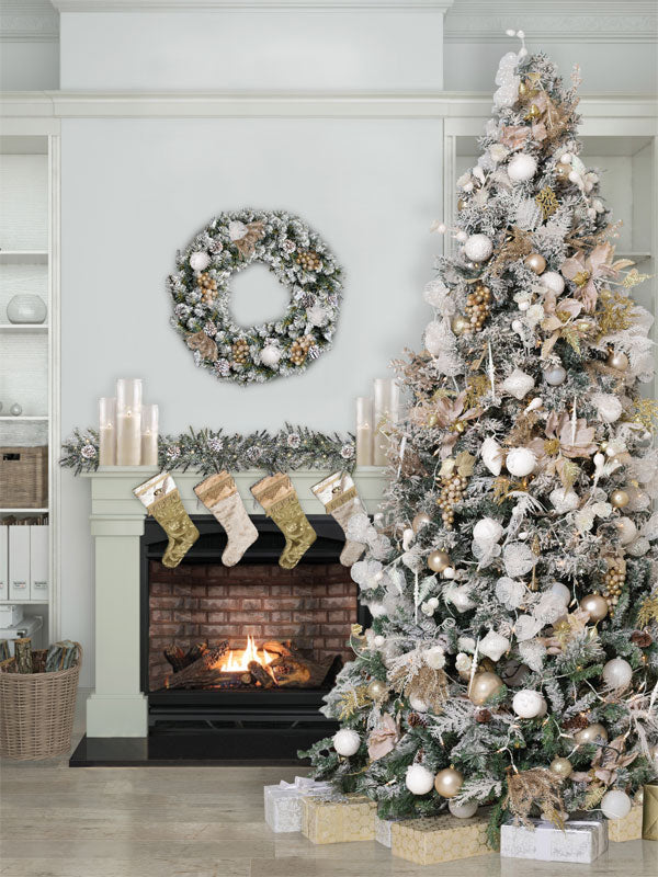 Snowy Holiday Tree Photography Backdrop - Photography backdrop featuring a frosted Christmas tree with gold and white ornaments in a cozy living room, ideal for holiday portraits.