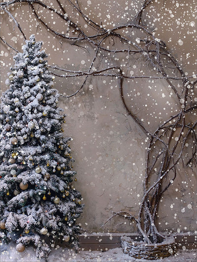 Snowy Tree and Branch Photography Backdrop - Winter-themed backdrop featuring a snow-covered Christmas tree and bare branches with a magical holiday atmosphere.