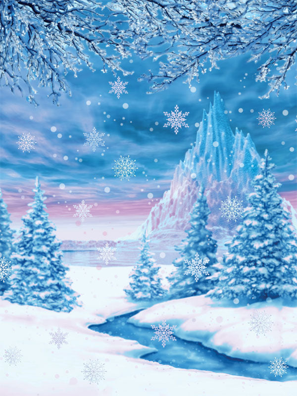 Snowy Wonderland Photography Backdrop - Snowy landscape backdrop with ice mountains and trees, ideal for winter-themed photoshoots.