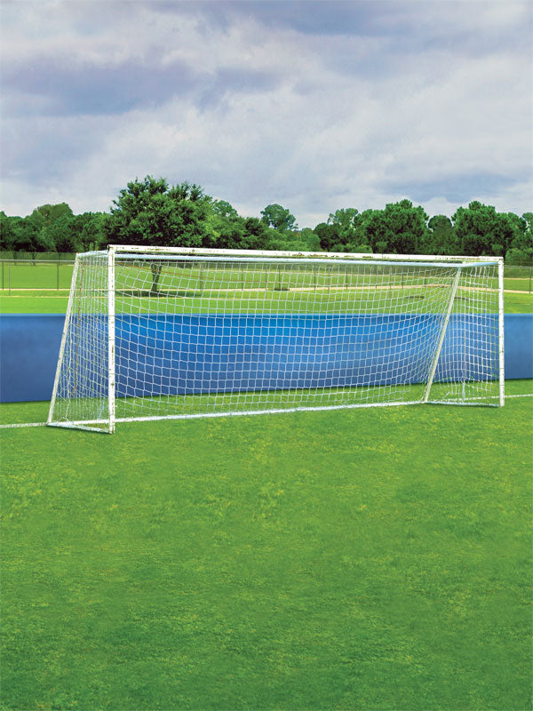 A vibrant green outdoor soccer field backdrop with a regulation goal and overcast sky.