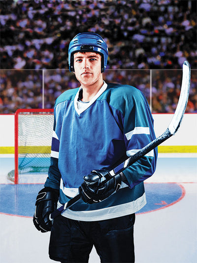 Sports arena hockey backdrop with a full rink view, vibrant ice tones, and realistic lighting effects for dynamic portraits.