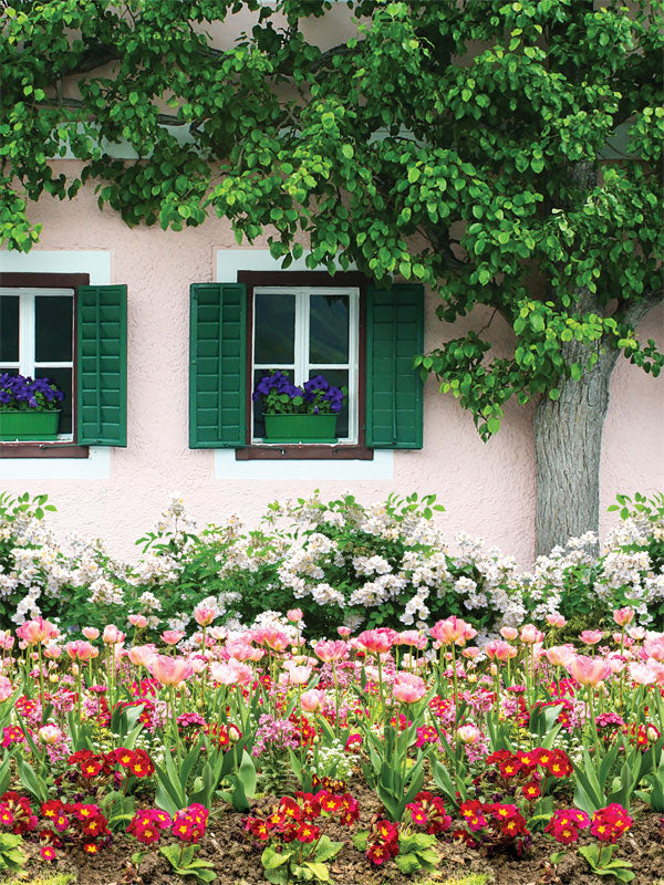 Spring Garden Window Photography Backdrop - A photography backdrop depicting a spring garden with green-shuttered windows, blooming purple flowers, and a vibrant array of colorful blossoms.