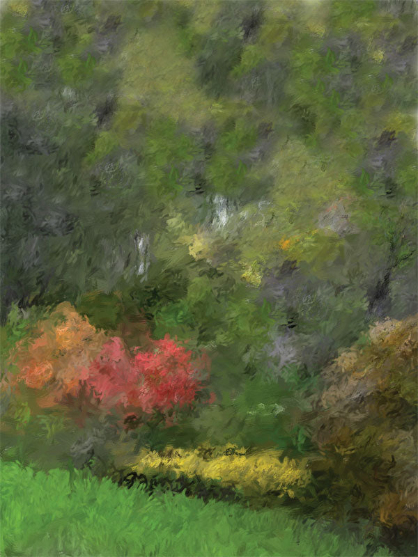 Vivid green spring garden backdrop with red, yellow, and orange floral accents.