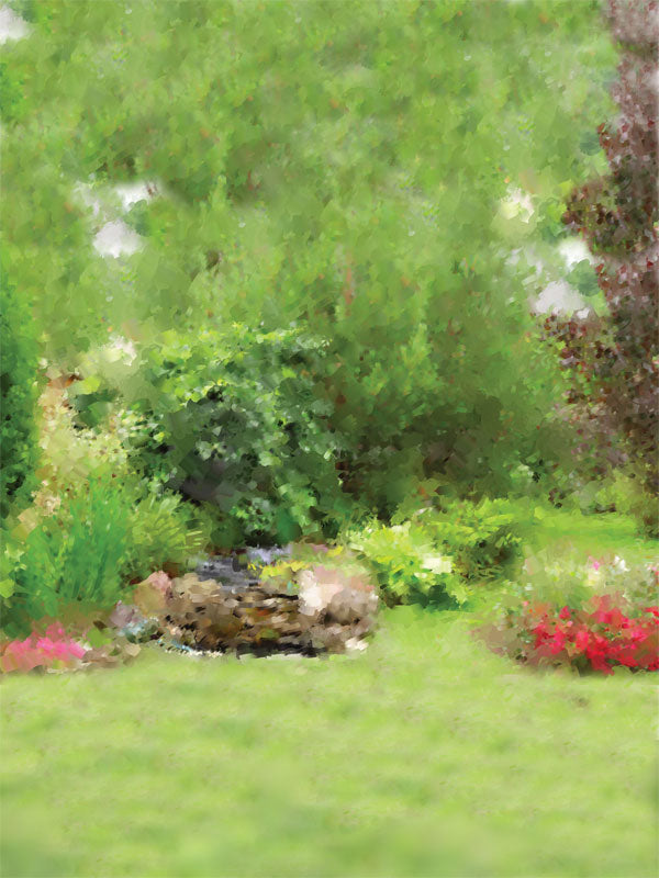 Serene garden backdrop with green lawn, floral beds, and painterly foliage.