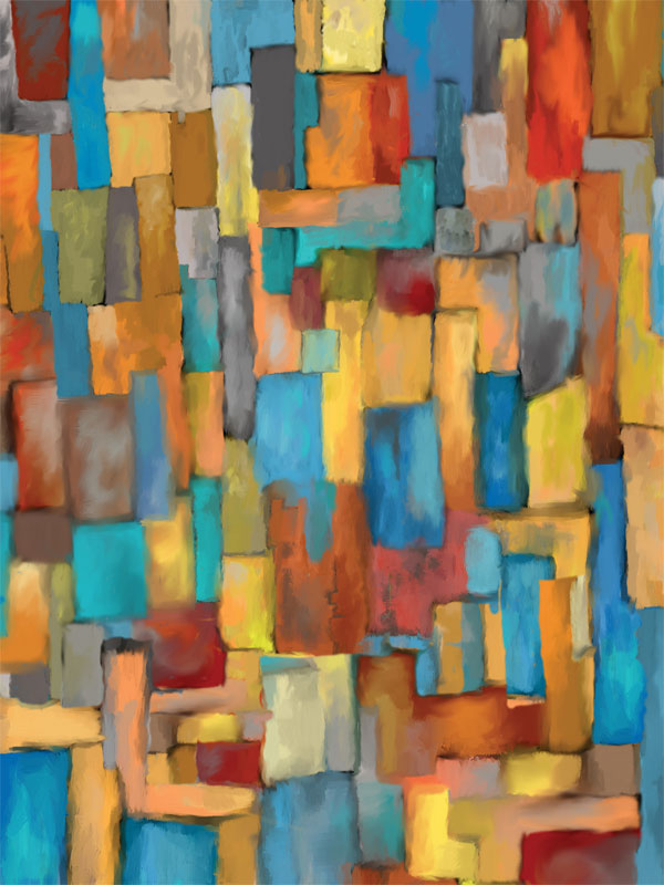 Bold grid of painterly rectangles in warm and cool colors for dynamic portrait sessions.