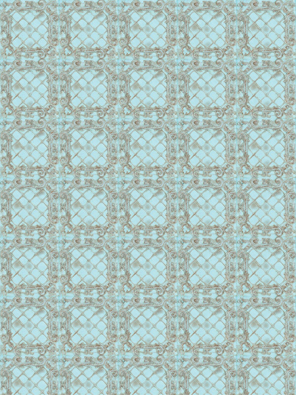 Ornamental pale blue backdrop with antique floral tile pattern and elegant tone.